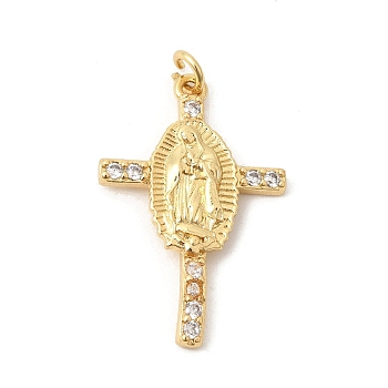 Brass Micro Pave Clear Cubic Zirconia Pendants, Cross with Virgin Mary Charms, Long-Lasting Plated, Rack Plating, Lead Free & Cadmium Free, Real 18K Gold Plated, 27.5x18x3mm, Jump Ring: 4.5x0.7mm, Inner Diameter: 3.1mm