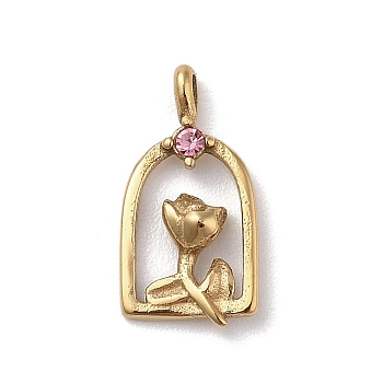 304 Stainless Steel Pendants, with Cubic Zirconica, Arch with Flower, Golden, 18x9.5x3.5mm, Hole: 2x1mm