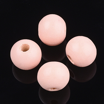 Painted Natural Wood Beads, Round, Pink, 10x8.5~9mm, Hole: 2~3mm