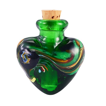 Handmade Lampwork Perfume Bottle Pendants, Heart Charms, with Cork, Sea Green, 32~33x25~26x14~15mm