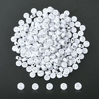 300pcs 2 Styles Opaque White Acrylic Beads, Metal Enlaced, Flat Round with Letters, Silver Plated, 7x3.5~4mm, Hole: 1.5~1.8mm