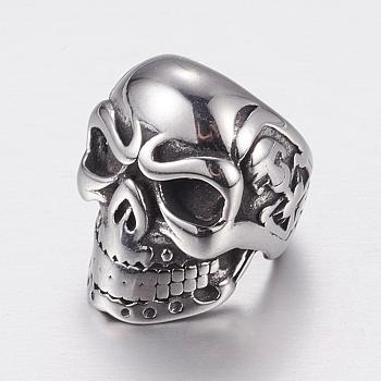 304 Stainless Steel Beads, Skull, Large Hole Beads, Antique Silver, 15x11x14mm, Hole: 8mm