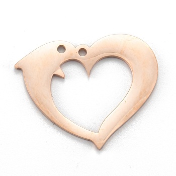Ion Plating(IP) 304 Stainless Steel Pendants, Laser Cut, Heart with Dolphin, Rose Gold, 24.5x30x1.4mm, Hole: 1.6mm