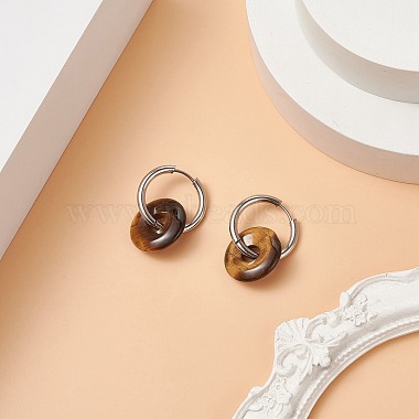 Natural Tiger Eye Pi Disc/Donut Dangle Hoop Earrings(EJEW-JE05132-01)-2