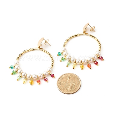 Round Shell Pearl Beads & Glass Beads Big Ring Dangle Stud Earrings(X1-EJEW-TA00013)-4