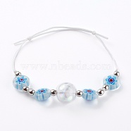 Adjustable Handmade Millefiori Glass Beaded Bracelets, with Glass Globe Beads, Nylon Thread and Brass Beads, Platinum, White, Inner Diameter: 2 inch(5cm)(BJEW-JB06074-02)