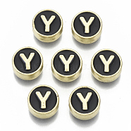 Alloy Enamel Beads, Cadmium Free & Nickel Free & Lead Free, Flat Round with Initial Letters, Light Gold, Letter.Y, 8x4mm, Hole: 1.5mm(X-ENAM-S122-028Y-NR)