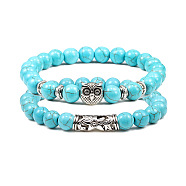 2Pcs Couple Alloy Star Owl & Synthetic Turquoise Stretch Bracelets Sets, for Valentine's Day Gifts, Turquoise, Elastic(RY2820-5)