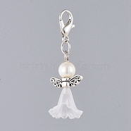 Acrylic Pendants, with Dyed Glass Pearl Beads, Zinc Alloy Lobster Claw Clasps and Alloy Beads, Angel, White, 40mm, 60pcs/set(HJEW-JM00382-01-S)