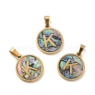 Vacuum Plating 304 Stainless Steel with Paua Shell Pendants, Golden, Flat Round with Letter Charm, Letter.K, 18x16x1.5mm, Hole: 3x6mm(STAS-G268-02K-G)