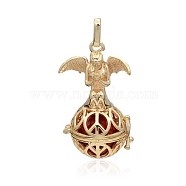 Golden Plated Brass Hollow Round Cage Pendants, with No Hole Spray Painted Brass Beads, Dark Red, 45x25x24mm, Hole: 3x8mm(KK-J251-11G)