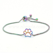 Adjustable 201 Stainless Steel Slider Bracelets, Bolo Bracelets, with Box Chains, Dog Paw Prints, Rainbow Color, 9-1/2 inch(24cm)(STAS-S105-JN649)