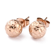 Ion Plating(IP) Textured Round Bead 304 Stainless Steel Stud Earring Findings, with Ear Nuts/Earring Backs and Hole, Rose Gold, 19x8mm, Pin: 0.8mm(EJEW-O104-01RG)
