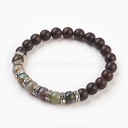Natural Indian Agate Stretch Bracelets, with Natural Sandalwood Beads and Tibetan Style Spacer Beads, 2 inch(5.2cm)(BJEW-JB03824-05)