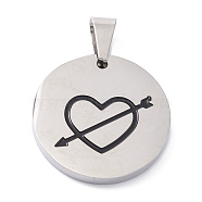 Valentine's Day 304 Stainless Steel Pendants, with Enamel, Polishing, Flat Round with An arrow through a heart, Stainless Steel Color, 25x3mm, Hole: 7.5x5mm(STAS-Z027-03F-P)