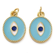 Brass Enamel Pendants, with Jump Ring, Real 18K Gold Plated, Oval with Eye Charm, Turquoise, 18.5x13x1.8mm, Hole: 3.4mm(KK-K339-08G-02)