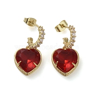 Cubic Zirconia Heart Dangle Stud Earrings, Real 16K Gold Plated Brass Half Hoop Earrings, Dark Red, 27.5x13.5mm(EJEW-H308-09G-02)