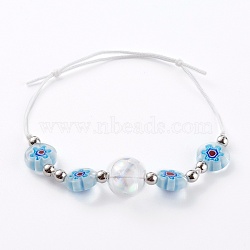 Adjustable Handmade Millefiori Glass Beaded Bracelets, with Glass Globe Beads, Nylon Thread and Brass Beads, Platinum, White, Inner Diameter: 2 inch(5cm)(BJEW-JB06074-02)