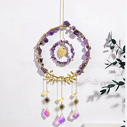 Wire Wrapped Natural Amethyst Chips Ring Pendant Decoration, Hanging Suncatchers, with Metal Sun Link and Glass Leaf Charm, for Home Decoration, 440mm(PW-WG97557-02)