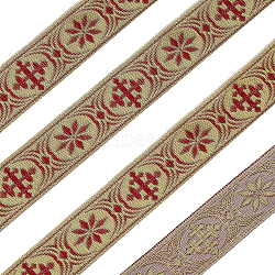 Ethnic Style Polyester Jacquard Ribbon, Garment Accessories, Flower & Cross Pattern, Red, 1 inch(25mm)(OCOR-WH0079-19A)