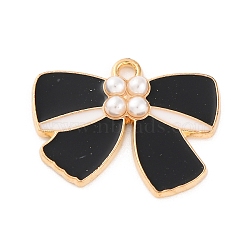 Alloy Enamel Pendants, with Plastic Imitation Pearls, Bowknot Charm, Golden, Black, 17x22x3mm, Hole: 1.6mm, 10pcs/set(ENAM-Q001-01G-02)