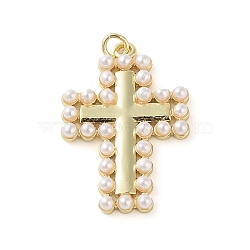 Brass Pendants, with ABS Imitation Pearl, Real 18K Gold Plated, Cross, 26.5x18x3mm, Hole: 1.6mm(KK-Q813-07A-G)