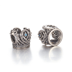 Hollow Antique Silver Plated 925 Sterling Silver European Beads, Large Hole Beads, with Cubic Zirconia, Carved with 925, Crown, Blue, 10x11.5x10.5mm, Hole: 4.5mm(STER-L062-05AS)