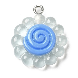 Translucent Resin Pendants, Sunflower Charms with Platinum Plated Iron Loops, Light Blue, 24x20x5mm, Hole: 1.8mm(RESI-L038-02P-04)