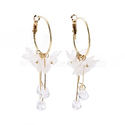 Acrylic Imitation Shell Flower with Glass Tassel Dangle Hoop Earrings with 925 Sterling Silver Pins, Iron Jewelry for Women, Clear, 69mm, Pin: 0.7mm(EJEW-L281-06LG)