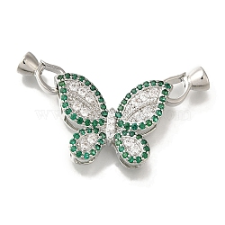 Rack Plating Brass Micro Pave Cubic Zirconia Fold Over Clasp, Lead Free & Cadmium Free, Long-Lasting Plated, Butterfly, Platinum, Sea Green, 40mm(KK-H485-38P-03)