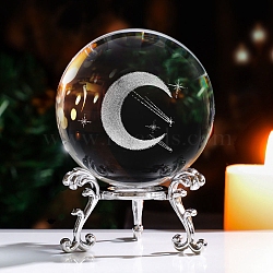 Inner Carving Moon Glass Crystal Ball Diaplay Decoration, with Alloy Pedestal, Fengshui Home Decor, Clear, 80x80mm(PW-WG2FBC7-02)