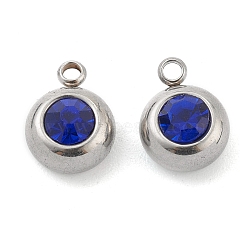 201 Stainless Steel Rhinestone Charms, Birthstone Charms, Flat Round, Stainless Steel Color, Sapphire, 12x9x5mm, Hole: 1.8mm(STAS-Z009-03B-02P)