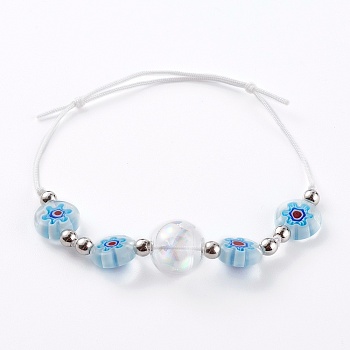 Adjustable Handmade Millefiori Glass Beaded Bracelets, with Glass Globe Beads, Nylon Thread and Brass Beads, Platinum, White, Inner Diameter: 2 inch(5cm)