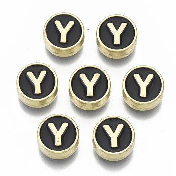 Alloy Enamel Beads, Cadmium Free & Nickel Free & Lead Free, Flat Round with Initial Letters, Light Gold, Letter.Y, 8x4mm, Hole: 1.5mm