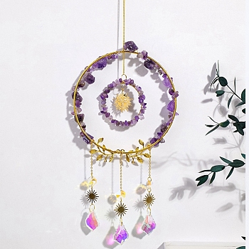 Wire Wrapped Natural Amethyst Chips Ring Pendant Decoration, Hanging Suncatchers, with Metal Sun Link and Glass Leaf Charm, for Home Decoration, 440mm
