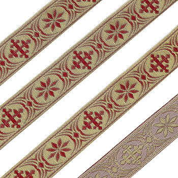 Ethnic Style Polyester Jacquard Ribbon, Garment Accessories, Flower & Cross Pattern, Red, 1 inch(25mm)