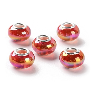 UV Plating Resin European Beads, Rondelle Large Hole Beads, with Platinum Tone Alloy Double Cores, Orange, 13.5x9mm, Hole: 5mm