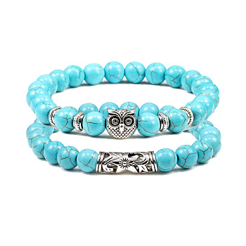 2Pcs Couple Alloy Star Owl & Synthetic Turquoise Stretch Bracelets Sets, for Valentine's Day Gifts, Turquoise, Elastic