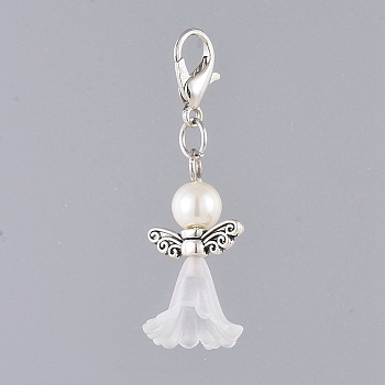 Acrylic Pendants, with Dyed Glass Pearl Beads, Zinc Alloy Lobster Claw Clasps and Alloy Beads, Angel, White, 40mm, 60pcs/set