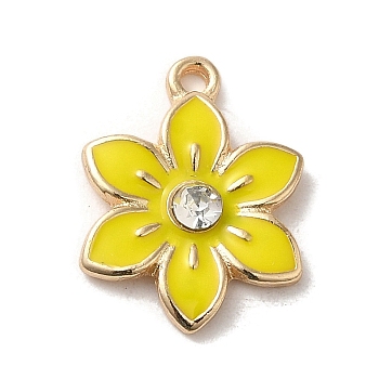 Flower Alloy Enamel Pendants, with Rhinestone, Light Gold, Yellow, 17x13x3mm, Hole: 1.5mm