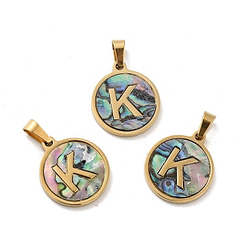 Vacuum Plating 304 Stainless Steel with Paua Shell Pendants, Golden, Flat Round with Letter Charm, Letter.K, 18x16x1.5mm, Hole: 3x6mm
