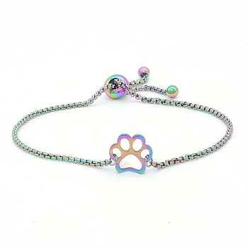 Adjustable 201 Stainless Steel Slider Bracelets, Bolo Bracelets, with Box Chains, Dog Paw Prints, Rainbow Color, 9-1/2 inch(24cm)