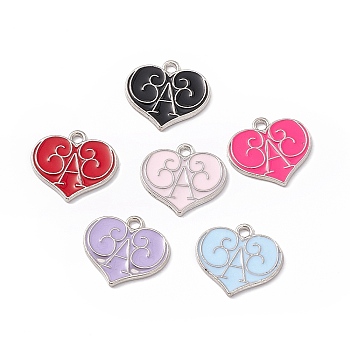 Alloy Enamel Pendants, Heart with Letter A Charm, Platinum, Mixed Color, 17x18x1mm, Hole: 1.8mm