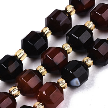 Natural Agate Beads Strands, Faceted, with Seed Beads, Dyed, Round, Coconut Brown, 10.5x9.5mm, Hole: 1.2mm, about 31~32pcs/strand, 14.96 inch(38cm)