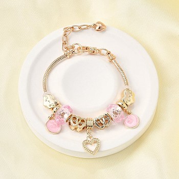 Alloy Enamel European Beads Charm Bracelets, Snake Chain Bracelets for Women, Heart & Flat Round & Cloud, with Resin and Silicone Beads, Lead Free & Cadmium Free, Golden, 7-1/8 inch(18.1cm)