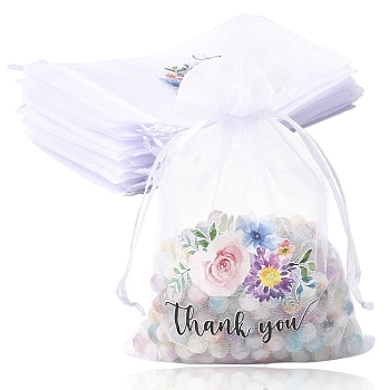 20Pcs Thank You Flower Printed Organza Drawstring Bags, Candy Storage Bags, Rectangle, White, 15.8x10.4x0.01cm