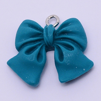 Resin Pendants, with Platinum Plated Iron Screw Eye Pin Peg Bails, Bowknot, Steel Blue, 19x22x5mm, Hole: 1.8mm