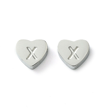 316 Surgical Stainless Steel Beads, Love Heart with Letter Bead, Stainless Steel Color, Letter X, 5.5x6.5x2.5mm, Hole: 1.4mm
