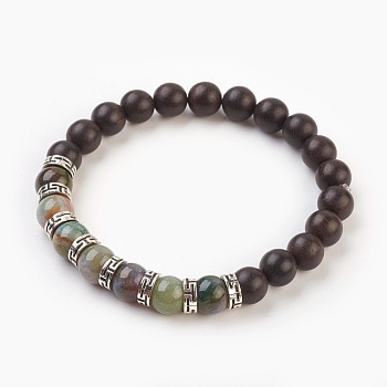 Natural Indian Agate Stretch Bracelets, with Natural Sandalwood Beads and Tibetan Style Spacer Beads, 2 inch(5.2cm)