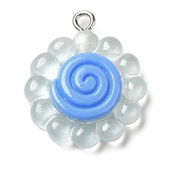 Translucent Resin Pendants, Sunflower Charms with Platinum Plated Iron Loops, Light Blue, 24x20x5mm, Hole: 1.8mm